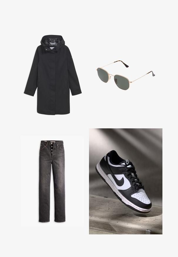 Veste noire imperméable avec capuche, fermeture à boutons-pression, deux poches latérales et doublure intérieure lisse. Présente une coupe droite et des manches longues.; Haut noir à manches longues, en tissu doux, avec un col en V, une longueur courte et un nœud noué sur le côté pour la fermeture.; Jean noir taille haute avec une coupe droite, fabriqué en denim. Il comporte un bouton de fermeture, des accents en cuivre et des coutures contrastées.; Sneaker Nike Dunk Low en noir et blanc avec tige en cuir, boîte à orteils perforée et lacets noirs, dotée d'une semelle blanche et d'accents de logo.; Lunettes de soleil en métal doré avec des verres vert foncé, de style aviateur, dotées de branches fines et d'accents en écaille de tortue sur les embouts.; Sac fourre-tout noir avec motif géométrique, fabriqué à partir de matériau texturé. Dispose de poignées robustes et d'une étiquette, forme structurée.