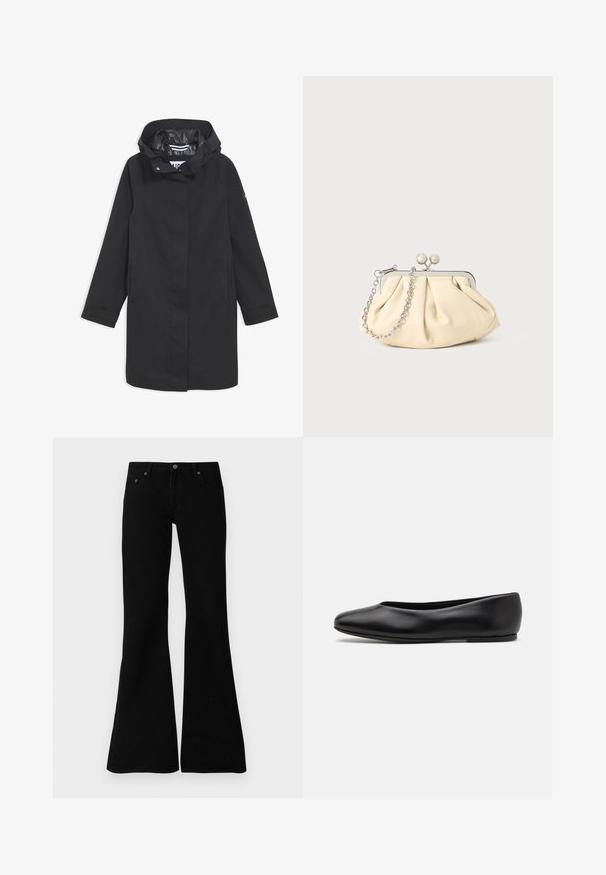 Black waterproof jacket with a hood, snap-button closure, two side pockets, and a smooth inner lining. Features a straight cut and long sleeves.; Black short-sleeve t-shirt made of cotton, featuring a crew neckline and a small logo on the left chest. Smooth texture and relaxed fit.; Black flared jeans made from denim, featuring a classic five-pocket design, button closure, and subtle stitching details along the seams.; Paul Smith TOPANGA - Ballet pumps - black; Pleated beige leather clutch with a silver metal frame, featuring two round decorative clasps and a silver chain strap.