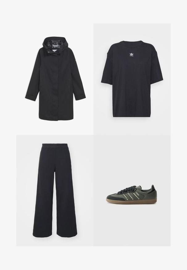 Zwarte waterdichte jas met een capuchon, drukknopen, twee zijzakken en een gladde voering. Heeft een rechte snit en lange mouwen.; Zwarte katoenen T-shirt met korte mouwen, ronde halslijn, voorzien van een wit Adidas-logo op de borst. Eenvoudig ontwerp, comfortabele pasvorm.; Zwarte wijde sweatpants gemaakt van zachte stof, met een elastische tailleband en een klein logo aan de linkerkant.; adidas Originals SAMBA OG - Sneakers laag - core black/legend earth/gum