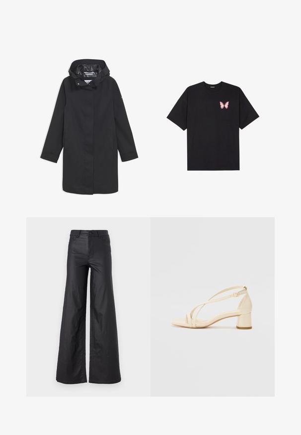 Giubbotto nero impermeabile con cappuccio, chiusura a bottoni a pressione, due tasche laterali e fodera interna liscia. Presenta una linea dritta e maniche lunghe.; T-shirt nera in cotone con maniche corte, caratterizzata da una piccola grafica di una farfalla rosa sul lato sinistro del petto. Design a girocollo con una vestibilità rilassata.; Pantaloni neri a gamba larga in materiale similpelle. Presentano un vita alta, passanti per la cintura, due tasche frontali e dettagli cuciti.; Sandali con tacco beige a blocco, design con cinturini, e cinturino alla caviglia regolabile, realizzati in materiale sintetico liscio con finitura opaca.