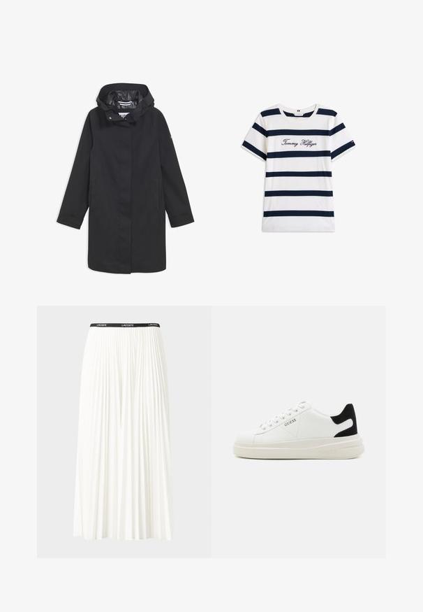 Sort vandtæt jakke med hætte, trykknaplukning, to sidelommer og en glat inderside. Har en lige pasform og lange ærmer.; T-shirt i bomuld med vandrette marineblå striber på en hvid baggrund. "Tommy Hilfiger" broderet i kursiv på brystet. Rund hals.; Plisseret hvid nederdel med en sort elastisk talje, der har "LACOSTE"-logoet. Mellemlang design med blød tekstur.; Hvide lædersneakers med en tyk hvid sål, sort ruskindhælvægt og prægede logoer på siden. Snørebåndsdesign med seks øjer.