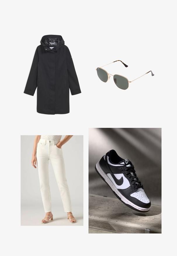 Zwarte waterdichte jas met een capuchon, drukknopen, twee zijzakken en een gladde voering. Heeft een rechte snit en lange mouwen.; Witte t-shirt met korte mouwen, gemaakt van zachte katoen, met een ronde halsline en raglanmouwen. Het heeft een ontspannen, rechte snit en is zonder patronen.; Witte high-waisted jeans met een rechte pasvorm, voorzien van voorzakken, een knoopsluiting en een gladde denimtextuur. Gekleed met lichte sandalen.; Zwart-witte Nike Dunk Low sneaker met een leren bovenwerk, geperforeerde neus, en zwarte veters, met een witte zool en logo-accenten.; Gouden metalen zonnebril met donkergroene lenzen, aviator-stijl, met slanke scharnieren en schildpad-accenten op de uiteinden.; Zwarte gewatteerde leren handtas met een kettingband en een decoratieve charme. Zachte textuur, gestructureerde vorm en een slouchy silhouet.