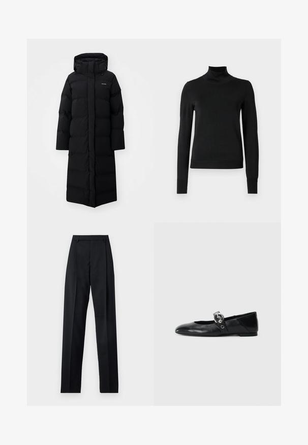 Black puffy long jacket with a hood, featuring a quilted design and minimal branding. Smooth texture and straight cut for warmth.; Black long-sleeve turtleneck sweater with ribbed cuffs and hem, displayed on a plain white background.; Black trousers made from smooth fabric featuring a high waist, wide legs, front pleats, and classic belt loops. No side pockets visible.; Black leather ballet flats with a pointed toe, featuring a strap with a circular metallic buckle and a flat sole.