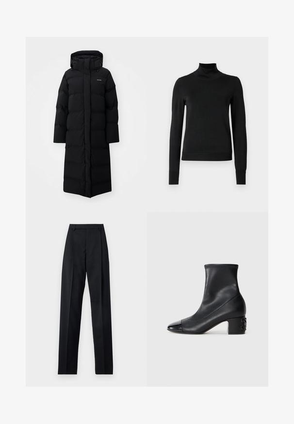 Zwarte puffer lang jasje met capuchon, met een doorgestikt ontwerp en minimale branding. Glad textuur en rechte snit voor warmte.; Zwarte trui met lange mouwen en col, voorzien van geribde manchetten en zoom, weergegeven op een effen witte achtergrond.; Zwarte broek gemaakt van gladde stof met een hoge taille, wijde benen, voorplooien en klassieke ceintuurlussen. Geen zijzakken zichtbaar.; Zwarte leren laars tot halverwege het kalf met een afgeronde neus, blokhak met gegraveerde decoratieve details en een soepel naadloos bovenwerk.
