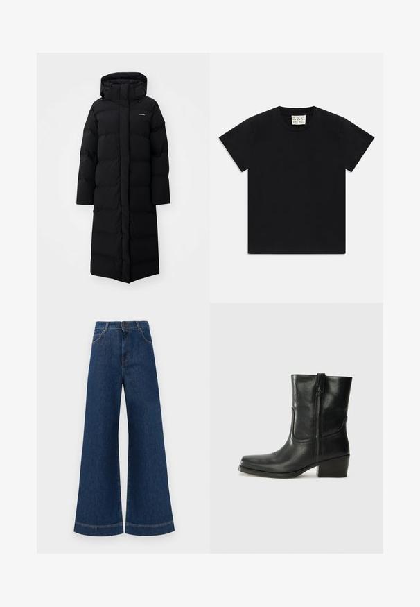 Manteau long noir rembourré avec capuche, présentant un design matelassé et un branding minimal. Texture lisse et coupe droite pour la chaleur.; T-shirt noir à manches courtes avec col rond, portant une étiquette blanche à l'intérieur du col étiquetée "D.R.C. EST. 2002" sur fond blanc.; Jeans en denim bleu à taille haute et jambes larges, avec une fermeture à bouton, des passants de ceinture et des détails de couture subtils le long des poches et des ourlets.; Bottine en cuir noir avec un bout rond, un talon carré, une fermeture éclair sur le côté et des coutures décoratives sur l'empeigne. Texture lisse, design classique.