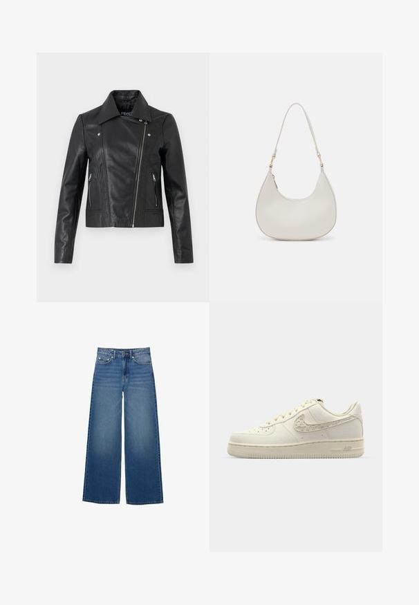 Mustahuone nahkainen lyhyttakki, jossa on kaulus, tiukka muotoilu, sauman yksityiskohdat ja vetoketjulla varustetut hihansuut. Silkkinen pinta, klassinen moottoripyörätyyli.; Kermakotoinen neulepaita pyöreällä kaula-aukolla, ribboitujen hihansuiden ja helman kanssa. Pehmeä rakenne ja hieman löyhä istuvuus, yksinkertainen ja siisti muotoilu.; Laivavärvilised laiad teksad, mis on valmistatud denimist, kõrge vöökoha ja õmblustega detailidega ning lihtsa disainiga, millel on kerge pleekimise efekt.; Nike Air Force 1 -lenkkarit off-white kangasta, joissa on teksturoitu swoosh, pyöreä kärki, litteät nauhat ja kuvioitu kumipohja.; Kreemivärvi nahast õlakott, millel on kuu kujuline disain, õhuke rihm ja peened õmblused. Minimalistlik disain koos kuldse tooni metallitöötluse aktsentidega.