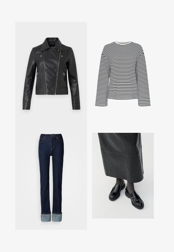 Črna usnjena skrajšana jakna s ovratnikom, oprijetim dizajnom, detajli šivov in zadrgami na manšetah. Gladka površina, klasičen motociklistični slog.; Črna in bela navpična črtasta dolgarokavna majica s krožnim izrezom. Mehka tkanina, sproščen kroj in kontrastni poudarki pri izrezu.; Temno modre jeans hlače iz jeansa s ravnimi nogavicami, na koncu zavihan rob in kontrastni šivi. Pas srednje višine z klasičnim gumbom za zapiranje.; Črne usnjene loafer čevlje s gladko površino, ki imajo dekorativno srajco, okroglo konico in teksturiran podplat. Nosi se z dolgim črnim usnjennim krilom.