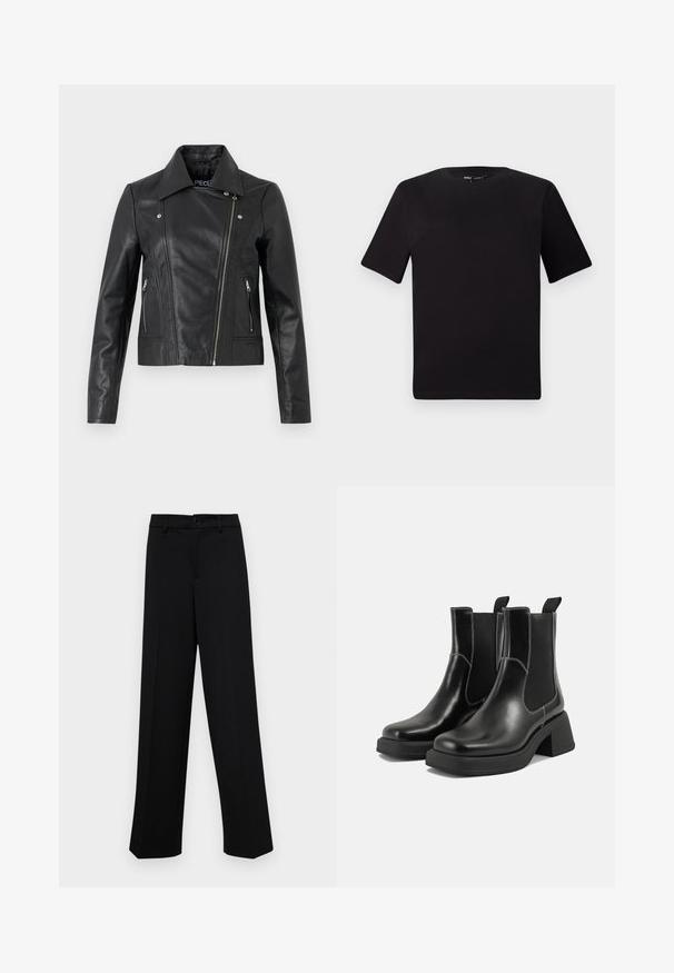 Crna kožna skraćena jakna s ovratnikom, prilagođenim dizajnom, detaljima šavova i patentnim zatvaračima na rukavima. Glatka tekstura, klasični stil motocikla.; Crna majica kratkih rukava s okruglim izrezom, izrađena od mekane pamučne tkanine. Jednostavan dizajn, bez vidljivih logotipa ili uzoraka.; Crne široke hlače od glatkog materijala, s klasičnim pojasom koji se zatvara dugmetom i prednjim naborima.; Crne kožne Chelsea čizme s debelim potplatom, elastičnim bočnim panelima i kontrastnim bijelim šavovima. Teksturirana površina.