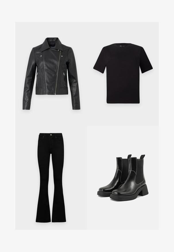 Svart läderjacka i cropped-modell med krage, skräddarsydd design, sömnadsdetaljer och dragkedjemuddar. Slät textur, klassisk motorcykelstil.; Svart kortärmad t-shirt med rund halsringning, tillverkad i mjukt bomullstyg. Enkelt mönster, utan synliga logotyper eller mönster.; Svarta högmidjade jeans med knäppning och dragkedja, frontfickor och utsvängda ben, liggande platt på en vit bakgrund.; Svarta läder Chelsea-boots med en kraftig klack, elastiska sidpaneler och kontrasterande vit sömnad. Texturerad yta.