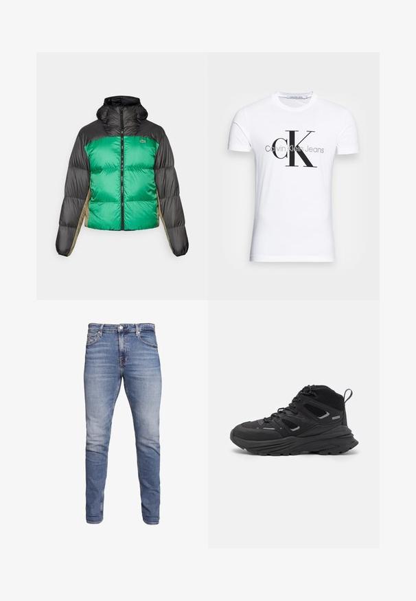 Puffjacka med grön framsida, svarta axlar och beige sidopaneler. Den har en hög krage, full dragkedja och vadderad textur.; Vit bomulls t-shirt med en svart "CK"-logotyp och texten "Calvin Klein Jeans", korta ärmar och en klassisk rund halsringning.; Blå slim-fit jeans med fem fickor, blekt tvätt, knäppning och bälteshål, uppvisade mot en vit bakgrund.; Svarta vandringsskor med ett flerskiktat mönster, texturerat tyg och gummisula, med förstärkta områden och snörning fram.
