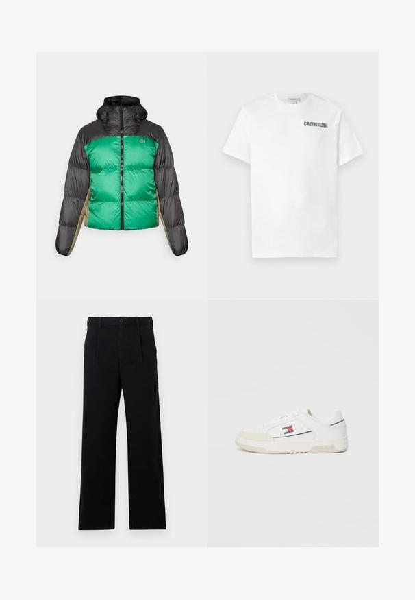 Jakna s punjenjem koja ima zeleni prednji dio, crne ramena i bež bočne panele. Ima visoki ovratnik, potpuni zatvarač i pojačanu teksturu.; Bela pamučna majica s okruglim izrezom i kratkim rukavima. Sadrži logo "CALVIN KLEIN" u tamnosivoj boji na lijevoj strani prsnog dijela. Glatka tekstura.; Crna krojena hlače od pamuka; imaju ravni oblik, vidljive šavove i ravne nogavice. Dugme za zatvaranje na struku.; Bijele tenisice s glatkom kožnom gornjom i nubuk vrhom, sa malim crvenim, bijelim i plavim logom sa strane i teksturiranom potplatom.
