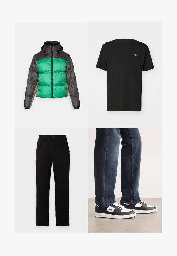 Casaco tipo puffer com frente verde, ombros pretos e painéis laterais bege. Tem um colarinho alto, fecho completo e textura almofadada.; T-shirt preto de algodão com mangas curtas e gola redonda. Apresenta um pequeno logotipo de crocodilo verde e branco no lado esquerdo do peito.; Calças pretas feitas de um tecido de algodão misto, com corte reto, cintura elástica com botão e sem padrões ou detalhes visíveis.; Sneakers Lacoste em preto e branco com parte superior em couro texturizado, apresentando um design com atacadores e uma sola de borracha branca. Usadas com jeans escuros.