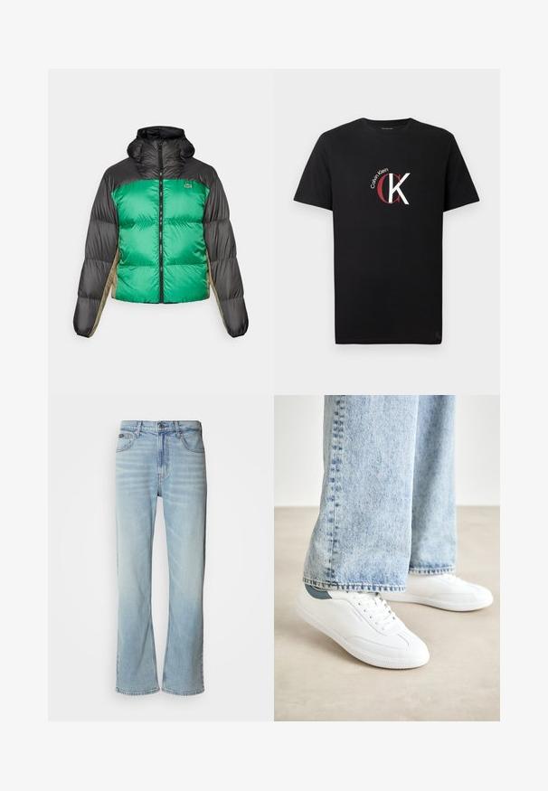 Puffer jacket featuring a green front, black shoulders, and beige side panels. It has a high collar, full zip, and padded texture.; Black cotton t-shirt featuring a white and red "Calvin Klein" logo with a stylized "CK" graphic design on the front. Short sleeves.; Light blue denim jeans with a straight-leg cut, featuring five pockets, a button closure, and subtle fading on the fabric.; White sneakers with smooth material, lace-up design, textured rubber sole, and a teal accent at the heel, paired with light blue jeans.