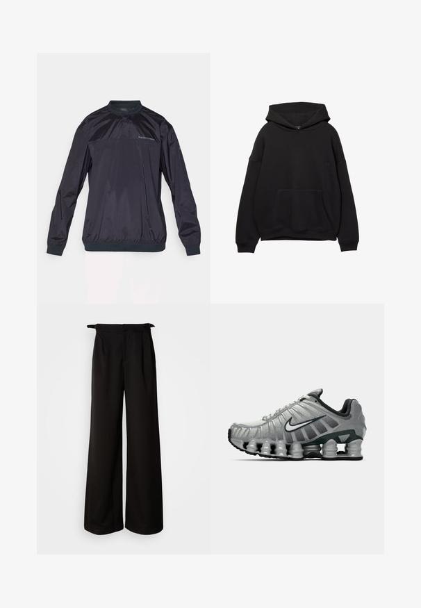 Tmavě modrý pulovrový kabát vyrobený z lehkého, lesklého materiálu. Má kulatý výstřih, elastické manžety a jemně texturovaný povrch.; Černá mikina s kapucí vyrobená z měkké tkaniny, která má přední kapsu, nastavitelné šňůrky na kapuci a žebrované manžety. Jednoduchý design s minimálními detaily.; Černé kalhoty s širokými nohavicemi a vysokým pasem, s plisováním a ozdobnými tkaničkami po stranách, vyrobené z hladké, strukturované látky.; Šedá a černá běžecká obuv Nike s viditelným odpružením podobným pružině pod podrážkou a bílým logem swoosh na boku.