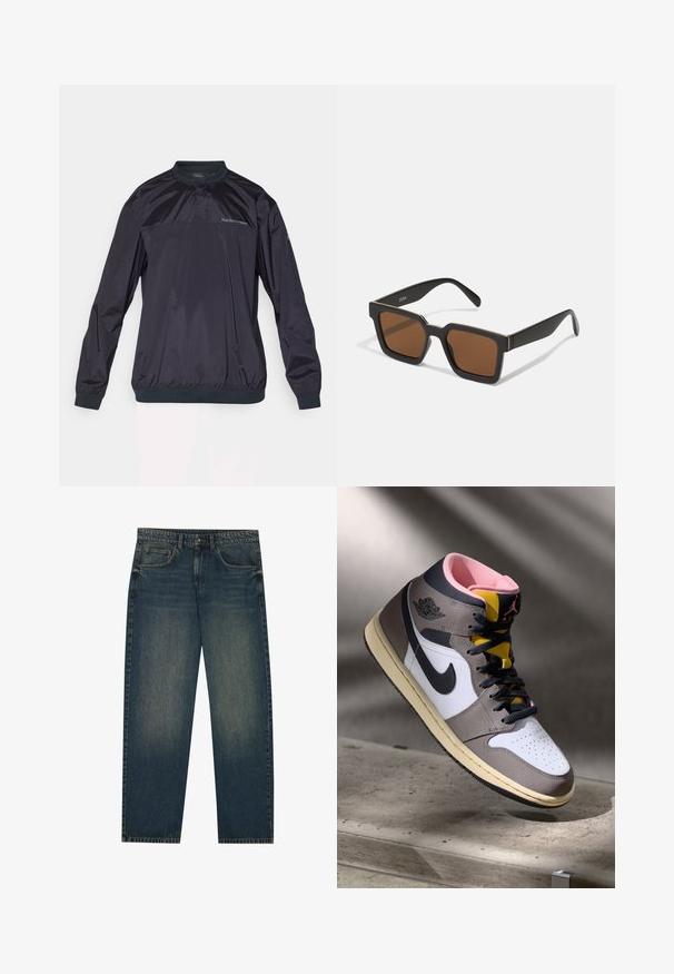 Sötét tengeri kék pulóver dzseki könnyű, fényes anyagból. Jellemzője a kerek nyak, rugalmas mandzsetták és egy finoman strukturált felület.; Fekete sportmez textúrált anyagból, rövid alsó hemrész oldalsó hasítékokkal, fehér díszcsíkokkal az oldalán.; Sötétkék farmernadrág egyenes szabással, öt zsebes dizájnnal és enyhén kopott textúrával a lábakon. Kényelmes viselet mindennapi használatra.; Fehér, szürke és fekete Nike Air Jordan magasszárú sneaker rózsaszín belső résszel és sárga nyelvvel, egy betonfelületen elhelyezve.; Fekete négyzet alakú napszemüveg barna lencsékkel, matt felülettel és arany kiegészítőkkel a kereten. A dizájn szögletes, széles karokkal rendelkezik.