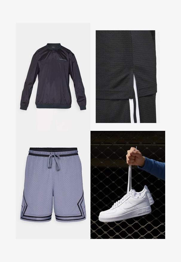 Temno modra pulover jakna iz lahkega, sijočega materiala. Ima okroglo izreznico, elastične manšete in subtilno teksturirano površino.; Črni atletski dres z teksturirano tkanino, kratkim robom in stranskimi razpoke ter belimi accentnimi črtami ob straneh.; Svetlo modri športni kratki hlače z mrežasto teksturo, elastičnim pasom, vrvico in črnimi detajli ob robu in straneh.; Bela usnjena športna obutev s perforacijami, okroglo konico, ravnim podplatom in debelimi vezalkami, z vidnim logotipom smoosh in napisom "AIR" na peti.