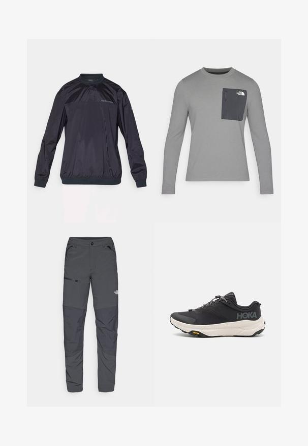 Casaco estilo pullover azul escuro feito de material leve e brilhante. Apresenta decote redondo, punhos elásticos e uma superfície subtilmente texturizada.; Camisa de manga longa cinza com tecido texturizado, apresentando um bolso no peito cinza escuro e um fecho em zíper. Logótipo no bolso em branco.; Calças exteriores cinzentas com uma textura suave, apresentando um bolso com fecho de correr na lateral, seções de joelho reforçadas e um detalhe de logotipo discreto.; Sapatilha atlética preta com parte superior texturizada, detalhes cinzentos, elementos refletivos e uma sola branca espessa com a marca Vibram.