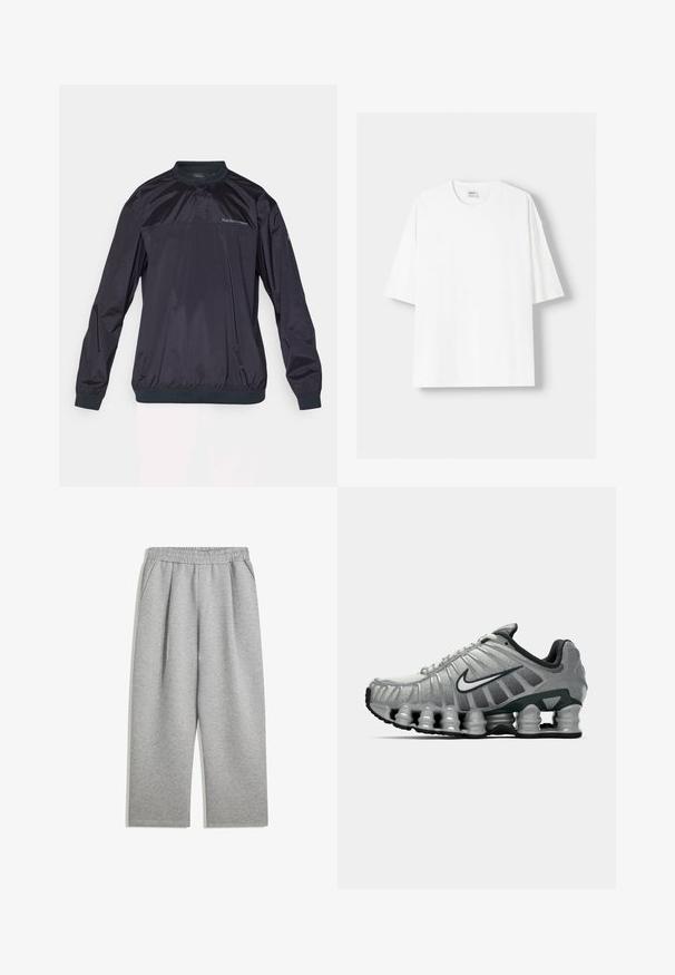 Tmavě modrý pulovrový kabát vyrobený z lehkého, lesklého materiálu. Má kulatý výstřih, elastické manžety a jemně texturovaný povrch.; Bílá krátkosrstá tričko s krátkým rukávem vyrobené z bavlny, se zaobleným výstřihem a volným střihem. Hladká textura, bez viditelných vzorů nebo akcentů.; Světle šedé tepláky s elastickým pasem a bočními kapsami, rovný střih nohavic, vyrobené z měkké tkaniny.; Šedá a černá běžecká obuv Nike s viditelným odpružením podobným pružině pod podrážkou a bílým logem swoosh na boku.