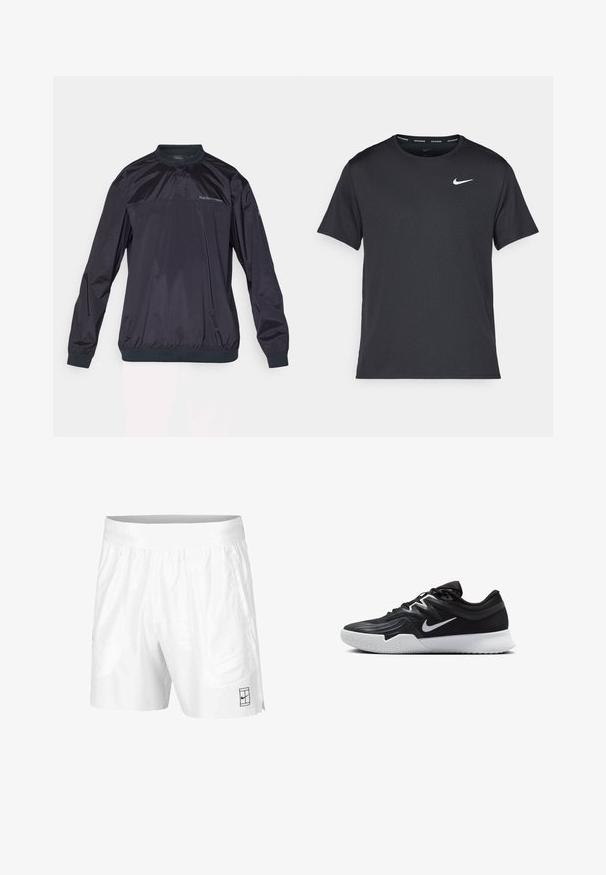 Veste pull-over bleu marine foncé en matériau léger et brillant. Elle présente un col rond, des poignets élastiques et une surface subtilement texturée.; T-shirt de course noir Nike en matériau léger et respirant, avec des manches courtes et un petit logo blanc sur la poitrine.; Shorts de sport blancs en tissu léger avec une taille élastique, dotés de deux poches latérales et d'un petit logo noir au bas.; Chaussure de sport noire avec une tige texturée, un swoosh blanc de Nike et une semelle extérieure en caoutchouc blanc. Elle présente un design à lacets et une forme dynamique.