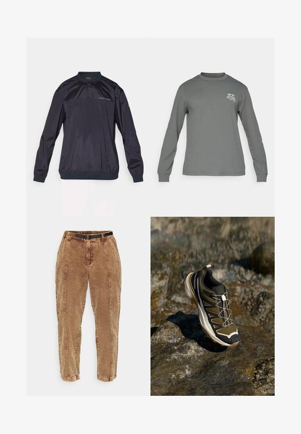 Tmavomodrá pulóverová bunda vyrobená z ľahkého, lesklého materiálu. Má okrúhly výstrih, elastické manžety a jemne textúrovaný povrch.; Dlhý rukáv v sivej tkanine, s okrúhlym výstrihom a bielym grafickým logom na ľavej hrudi. Hladká textúra a jednoduchý dizajn.; Hnedé kordové nohavice s textúrovaným povrchom, vybavené čiernym nastaviteľným opaskom, bočnými vreckami a voľným strihom. Nohavice sa zužujú smerom k členkom.; Turistická obuv v olivovo zelenej a čiernej farbe s ružovými akcentmi. Má textúrovaný zvršok, flexibilnú podrážku, vystuženú špičku a farebný systém šnurovania.