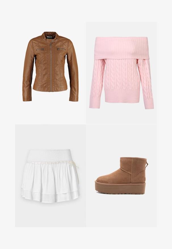 Braune Lederjacke mit tailliertem Design, Stehkragen, durchgehendem Reißverschluss und zwei Reißverschluss-Brusttaschen. Glatte Textur, keine Muster.; Rosa schulterfreier Pullover mit geripptem Ausschnitt, Kabelstrickmuster und langen Ärmeln. Weicher Stoff und cropped Schnitt.; Weißer Stufenrock mit elastischem Bund, der mit einem strukturierten Rüschenmuster und einem dekorativen Bandakzent versehen ist. Baumwollstoff.; Beige Wildleder-Ankle-Boot mit Plateausohle, abgerundetem Zehenbereich und abgesteppten Akzenten; verfügt über eine Zuglasche hinten für einfaches An- und Ausziehen.
