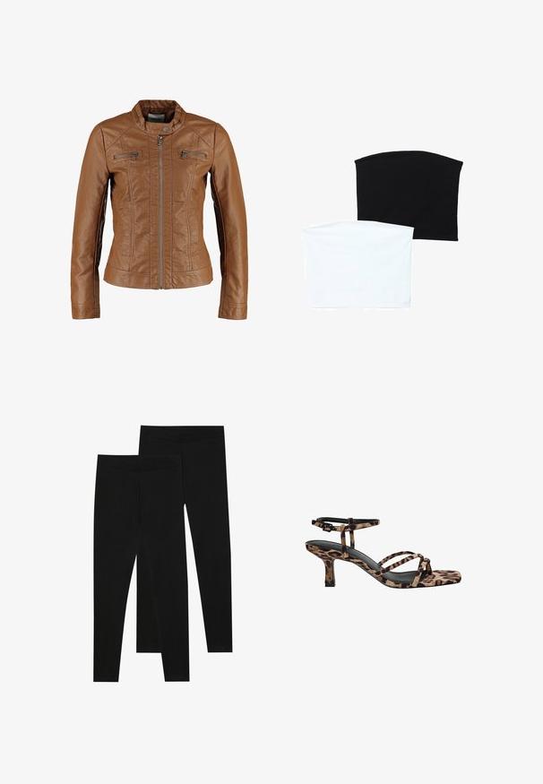 Braune Lederjacke mit tailliertem Design, Stehkragen, durchgehendem Reißverschluss und zwei Reißverschluss-Brusttaschen. Glatte Textur, keine Muster.; Zwei nahtlose Schlauchschals: einer schwarz und einer weiß. Beide bestehen aus weichem, dehnbarem Material und haben eine glatte Textur ohne Muster.; Schwarze Leggings aus dehnbarem Stoff, mit einem nahtlosen Bund und einer schmalen Passform, geeignet für Freizeit oder Sport.; Leopardenmuster Absatzsandalen mit Quadratzehen, mehreren Riemen und einem mittelhohen Absatz. Hergestellt aus weichem Textilmaterial.
