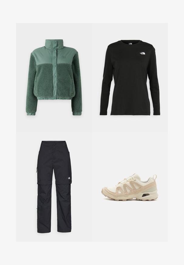 Green jacket featuring a textured, fuzzy fleece lower section and a smooth upper section with a high collar and snap buttons.; Black long-sleeve t-shirt made of cotton with a round neck. Features a small white logo on the left chest area. Simple design and fit.; Black nylon zip-off cargo trousers with adjustable cuffs, multiple pockets, and a logo on the right leg. Smooth, lightweight texture.; Beige and cream athletic shoe with textured mesh upper, supportive overlays, and rubber outsole featuring a tread pattern for traction.