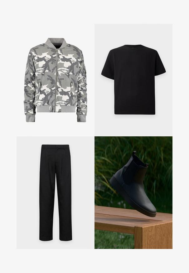 Kamuflaažine bombersjakke i različitim nijansama sive i bijele boje, sa zatvaračem sprijeda, rebrastim ovratnikom, bočnim džepovima i detaljima na rukavima sa naborima.; Mustat lyhyet hihattomat T-paidat, jotka on valmistettu teksturoidusta kankaasta. Pyöreä pääntie ja rento istuvuus. Yksinkertainen, ilman kuvioita tai yksityiskohtia.; Mustat housut, jotka on valmistettu sileästä kankaasta, suoran lahkeen muotoilulla, kahdella etupleekillä ja tavanomaisella vyötäröllä, jossa on vyölenkit.; Mustat nahkasaappaat nilkkapituisilla joustoilla, sileä pinta, pyöreä varvas ja litteat pohjat, asetettu puupöydän päälle vihreyden taustalla.