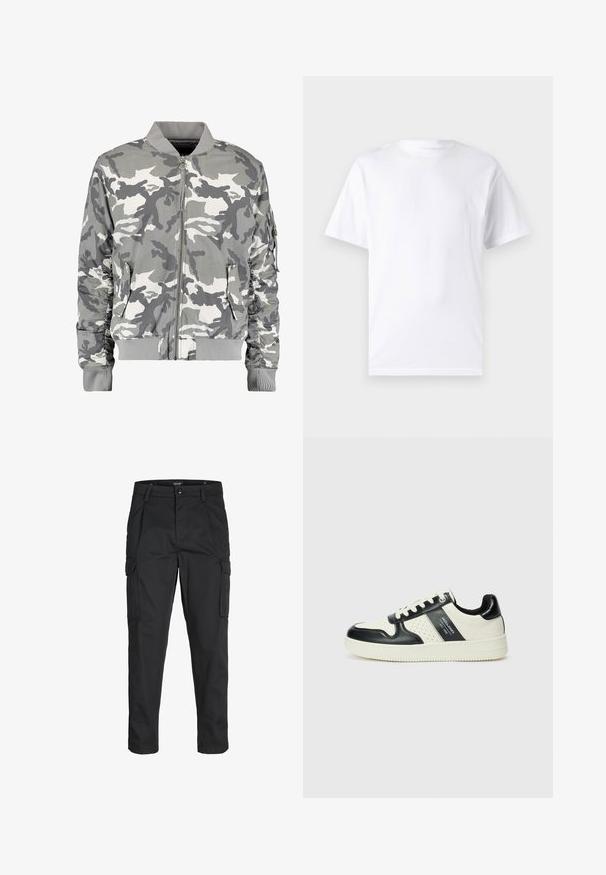 Kamufliažinė bomber striukė pilkos ir baltos spalvos atspalviais, su užtrauktuku priekyje, gumine apykakle ir šoninėmis kišenėmis su sutrauktomis rankovėmis.; Baltas trumpas rankovės marškinėlis, pagamintas iš medvilnės, su apvaliu kaklu, pasižymintis lygiu paviršiumi ir paprastu dizainu be raštų ar akcentų.; Juodi krovinių tipo džinsai, pagaminti iš tvirto audinio, su keliais kišeniais, mygtuko uždarymu ir siauru, prigludusiu dizainu su siaurėjančiomis kojomis.; Odiniai sportbačiai juodos ir kreminės spalvų schemoje, su perforuotais akcentais, paminkštinta apykakle ir tekstūruotu padu.