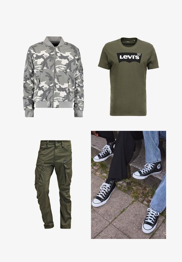 Camouflage bomberjack in grijstinten en wit, met een ritssluiting aan de voorkant, ribbelkraag en zijzakken met gathered mouwdetails.; Olijfgroen katoenen T-shirt met een groot zwart Levi's-logo op de voorkant. Klassieke ronde hals en korte mouwen, gladde textuur.; Olijfgroene cargobroek gemaakt van stevig katoen. Beschikt over meerdere zakken, een met rits afgesloten zijzak en taps toelopende pijpen met een licht getextureerde afwerking.; Zwarte canvas sneakers met hoge schacht, witte rubberen zolen en veters, met een cirkelvormig logo aan de zijkant, gecombineerd met denim en zwarte broeken.
