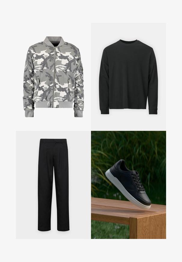 Kamuflāžas bumbas jaka pelēkos un baltos toņos, ar rāvējslēdzēju priekšā, ribotu apkakli un sānu kabatām ar savilktiem piedurkņu detalizējumiem.; Garās piedurknes melna T-kreklā, izgatavota no kokvilnas, ar apaļu kakla izgriezumu, brīvu piegriezumu un ribotām piedurknēm. Gluda tekstūra bez redzamām rakstainēm.; Melnas bikses, izgatavotas no gludas auduma, ar taisnu kāju dizainu, divām priekšējām krokām un standarta jostu, kurai ir āķi.; Melnas kedas ar baltu zoli, pakārtas virs koka solu, zaļajiem lapotnēm izplūdušā fona.