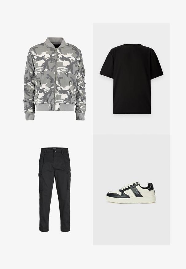 Tarnfarbenes Bomberjacke in Grautönen und Weiß, mit Reißverschluss vorne, geripptem Kragen und seitlichen Taschen sowie raffinierten Ärmeldetails.; Schwarzes kurzärmeliges T-Shirt aus geripptem Stoff. Mit rundem Halsausschnitt und lockerer Passform sowie glatter Textur. Nur Rückansicht.; Schwarze Cargo-Hose aus robustem Material, mit mehreren Taschen, einem Knopfverschluss und einem Slim-Fit-Design mit schmal zulaufenden Beinen.; Leder-Sneaker in Schwarz- und Cremetönen, mit perforierten Akzenten, einem gepolsterten Kragen und einer strukturierten Laufsohle.