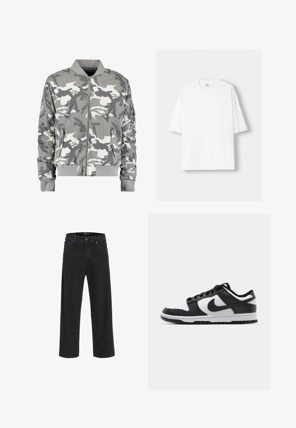 Kamerový bomber kabát v odstínech šedé a bílé, s předním zipem, žebrovaným límcem a bočními kapsami se sbíranými detaily na rukávech.; Bílá krátkosrstá tričko s krátkým rukávem vyrobené z bavlny, se zaobleným výstřihem a volným střihem. Hladká textura, bez viditelných vzorů nebo akcentů.; Černé džíny rovného střihu z denimu s knoflíkovým a zipovým zapínáním, poutky na opasek a předními i zadními kapsami.; Černobílé tenisky Nike Dunk s koženým svrškem, perforovanou špičkou, černými tkaničkami a černou gumovou podrážkou s dezénem.