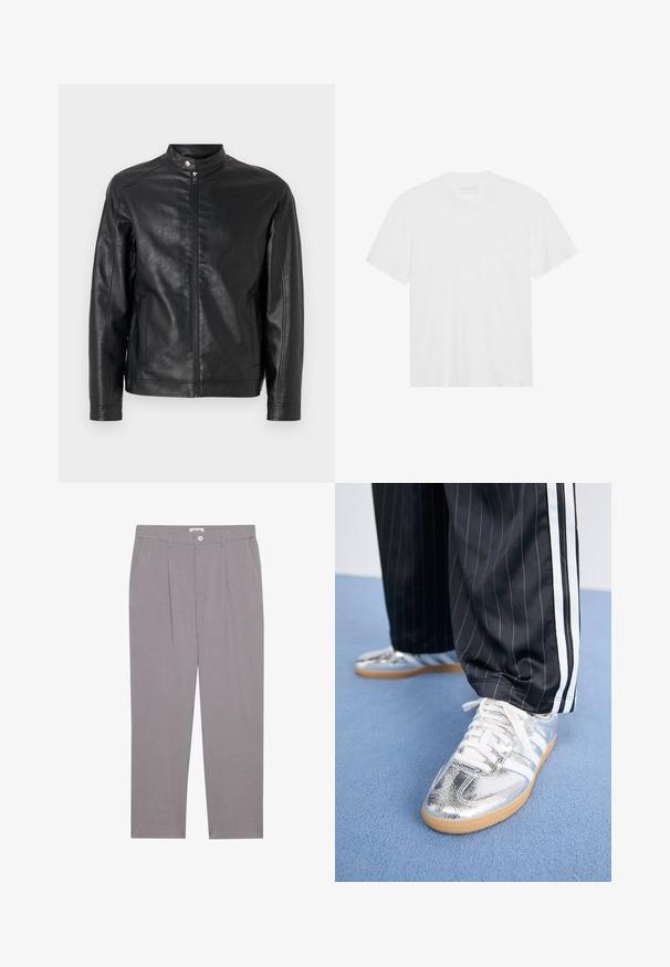 Černá kožená bunda s vyvýšeným límcem, předním zipovým zapínáním a bočními kapsami. Hladký povrch s minimálními designovými detaily.; Bílý bavlněný tričko s krátkým rukávem, kulatým výstřihem a rovním spodním lemem. Hladká textura, minimalistický design bez vzorů nebo akcentů.; Šedé kalhoty s rovný střih, obsahující dvě přední kapsy, skladby a zapínání na knoflík. Vyrobeno z lehkého materiálu.; Metalické stříbrné tenisky s bílými tkaničkami a třemi bílými pruhy, doplněné černými kalhotami s tenkým proužkem. Gumová podrážka na spodní straně.