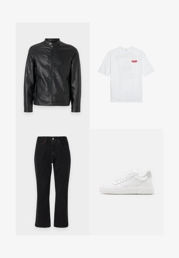 Veste en cuir noir avec un col montant, fermeture éclair sur le devant et poches latérales. Texture lisse avec des détails de design minimaux.; T-shirt en coton blanc avec des manches courtes, col rond et un texte graphique rouge "FRUIT RAFRAÎCHISSANT DÉLICIEUX" à l'avant.; Jean en denim noir présentant un design à jambe droite, un style à cinq poches et des accessoires en métal avec des accents en cuivre. Texture lisse et taille moyenne.; Des baskets en cuir blanc avec une finition lisse, un bout rond, des lacets plats et une semelle texturée. Accents en daim gris au niveau du talon.