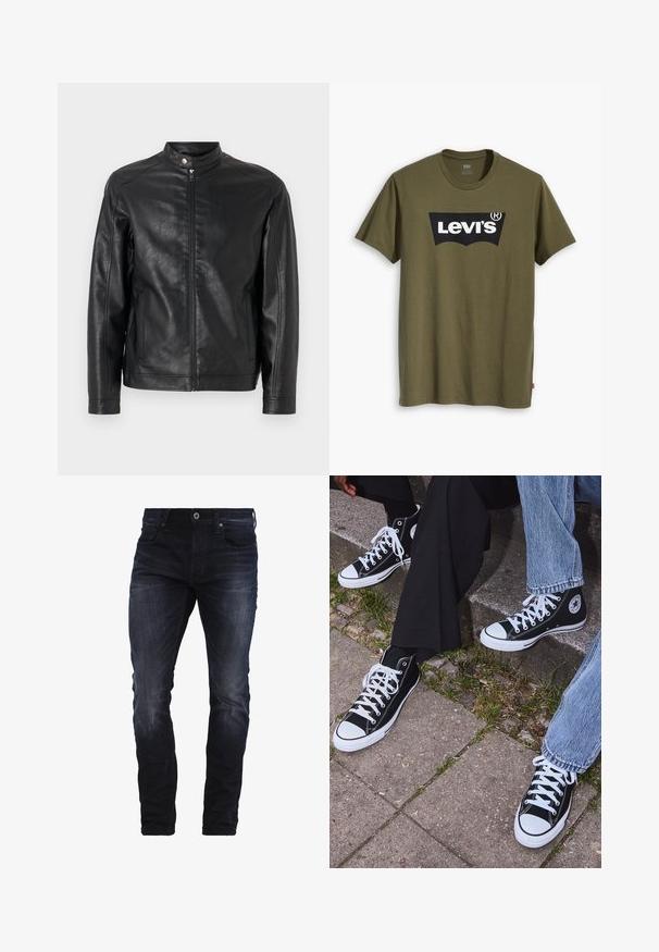Chaqueta de cuero negro con cuello alto, cierre frontal de cremallera y bolsillos laterales. Textura suave con detalles de diseño mínimos.; Camiseta de algodón verde oliva con un gran logotipo negro de Levi's en una forma semicircular contrastante en el pecho. Corte regular.; Vaqueros ajustados de un azul oscuro con un ligero desgastado en los muslos y las rodillas, que cuentan con bolsillos frontales, pasadores para cinturón y cierre de botón.; Zapatillas de lona negras de caña alta con suelas y cordones de goma blanca, con un logo circular en el lado, combinadas con unos pantalones de mezclilla y negros.