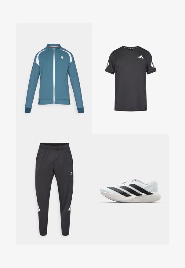 Teal värvi tõmblukuga jakk valgete aktsentidega, pika varrukaga, seisev kaelus ja logo vasakul rinnal. Sile tekstuur ja saledat sobivust rõhutav disain.; Mustad lühikeste varrukatega sportlik T-särk, millel on valged kolme triibuga detailid õlgadel ja ümmargune kaelus. Kerge kangas, mugav istuvus.; Mustad spordipüksid kitsenevate säärtega, kummipaelaga vöökohal, küljetaskutega ning valge logoga ja triipudega. Valmistatud siledast, kerge kaaluga materjalist.; Kerged jooksujalatsid helesinises värvuses mustade triipudega. Omavad siledat pealispinda, ümarat varvase osa ja paksu valget vahemõõtu, millel on silt "LIGHTSTRIKE PRO".