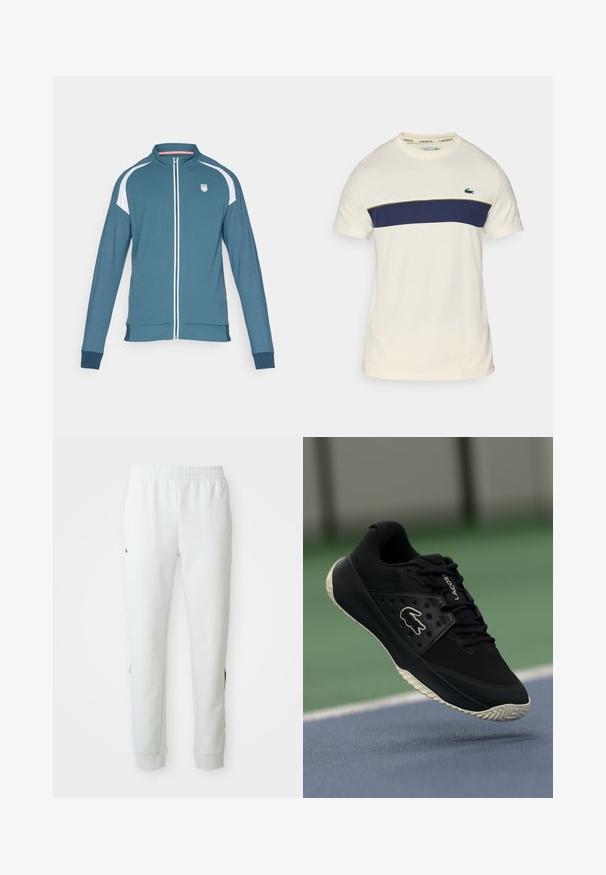 Teal värvi tõmblukuga jakk valgete aktsentidega, pika varrukaga, seisev kaelus ja logo vasakul rinnal. Sile tekstuur ja saledat sobivust rõhutav disain.; Kreemist ja tumesinist Lacoste T-särki ümmarguse kaelusega, lühikeste varrukatega ja horisontaalse värviplokkiga. Omab roheline krokodillilogo.; Valged dressipüksid kummipaelaga vööl, kitsenevad jalad ja mustad aktsendid külgedel. Valmistatud pehmest, tekstuurist kangast.; Must mustus jalanõud mustritega ülemise osa ja siledate aktsentidega, valge logo, nöörimise disain ja paindlik kummist välistald.