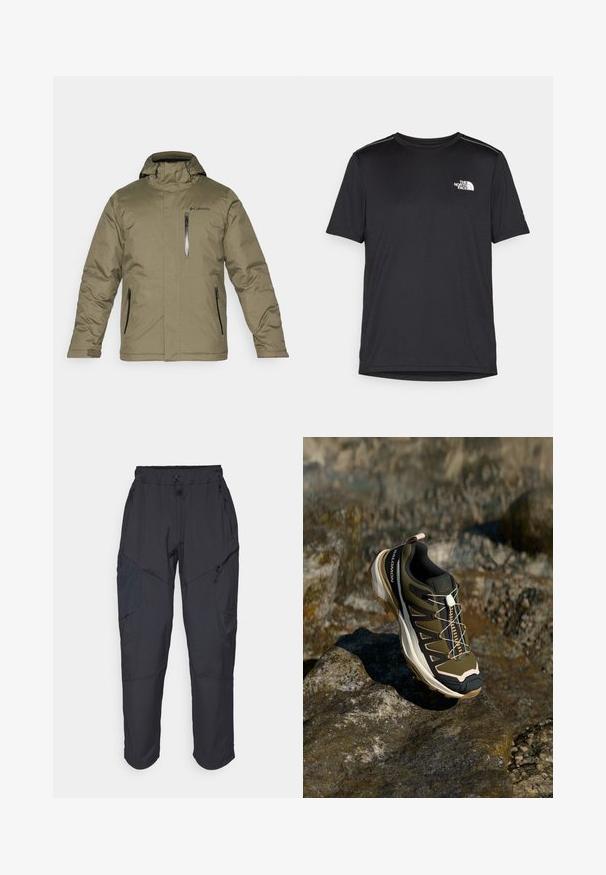 Oliivinvihreä eristetty takki hupulla. Varustettu edessä vetoketjulla ja kahdella sivuvedolla. Sujuva tekstuuri ja Columbia-logo rinnassa.; Mustapaita lyhyillä hihoilla, joka on valmistettu kevyestä kankaasta. Siinä on pieni valkoinen logo vasemmassa rinnassa ja huomaamattomia olkakoristeita.; Mustat cargo-housut, jotka on valmistettu kevyestä, vettä hylkivästä materiaalista; niissä on joustava vyötärö, useita vetoketjullisia taskuja ja kapenevat lahkeet.; Vaelluskengät oliivinvihreänä ja mustana, pinkeillä yksityiskohdilla. Ominaisuuksiin kuuluu teksturoitu yläosa, joustava pohja, vahvistettu varvasosa ja värikäs nauhoitusjärjestelmä.