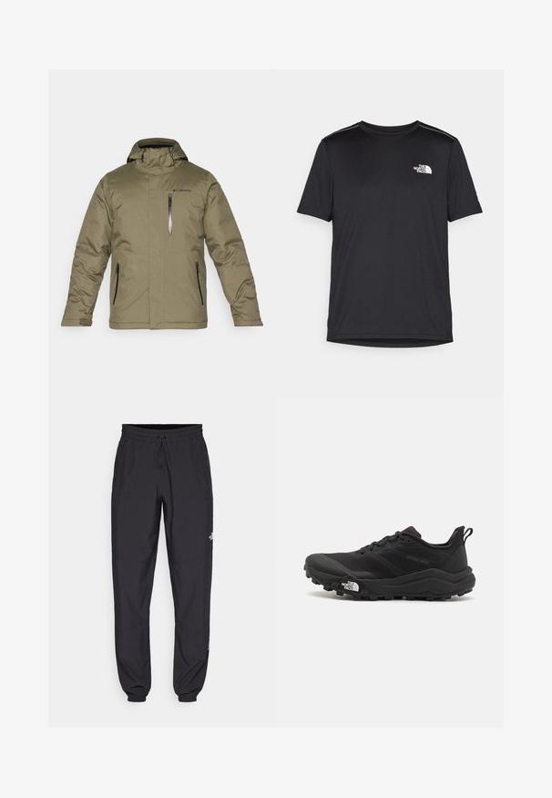 Olive green insulated jacket with a hood. Features front zipper and two side zippers. Smooth texture and Columbia logo on chest.; Black short-sleeve T-shirt made from lightweight fabric. Features a small white logo on the left chest and subtle shoulder accents.; Black athletic pants made from lightweight fabric, featuring a drawstring waistband, side pockets, and tapered cuffs at the ankles.; Black trail running shoe with a textured upper, rubber sole, and reinforced toe cap. Features a padded collar and pull tab for easy wear.