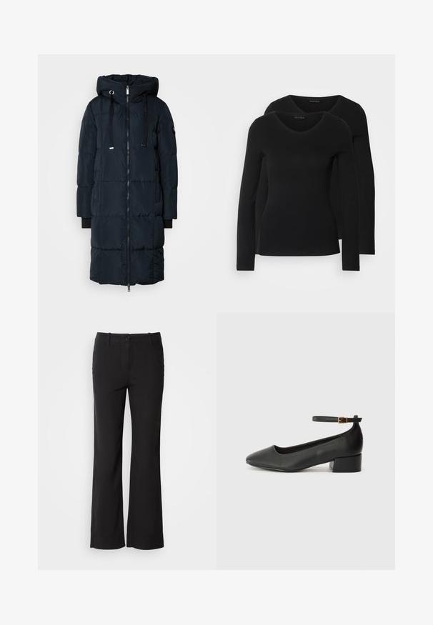 Mos Mosh SQUARE COAT - Sulemantel - navy; Kaks musta pika varrukaga särk, millel on V-kaelus ja mis on valmistatud pehmest ja venivast kangast, millel on sile tekstuur ja sobiv kuju.; Mustad puuvillasegu püksid sirge lõikega, ees nupuga kinnitamine ja kaks külge taskut. Sile tekstuur, nähtavaid mustreid ei ole.; Must mustaapp, millel on terav nina ja madal blokk-kand. Omab pahkluu rihma koos kuldse tooni pandlaga. Sile tekstuur.