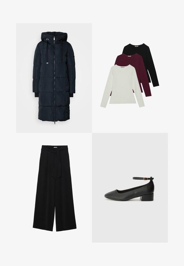 Mos Mosh SQUARE COAT - Dūnu mētelis - navy; Garās piedurknes T-krekli baltā, bordo un melnā krāsā. Izgatavoti no mīkstas auduma ar apaļu kakla izgriezumu un pieguļošu dizainu. Piemēroti kā slāņošana.; Melni platleņķa bikses ar teksturētu audumu, elastīgu jostu un noņemamu siksnu viduklī, kas nodrošina regulējamu piegulšanu.; Melnas ādas sūkņi ar smailu purngalu un zemu bloku papēdi. Iezīmēts ar potītes siksniņu ar zelta krāsas sprādzi. Gluda tekstūra.