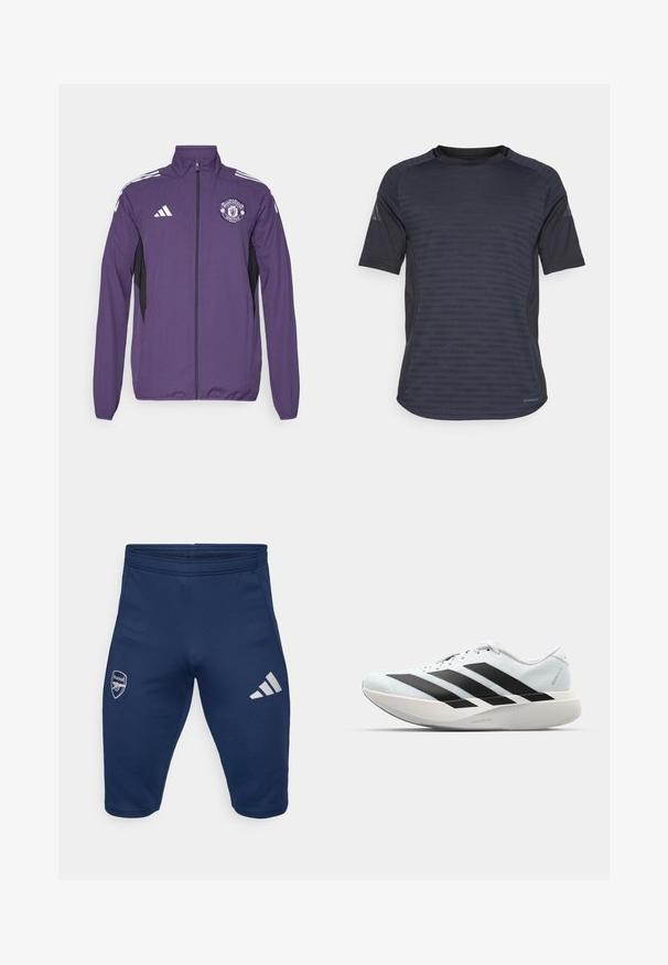 Vijolična zip-up jakna iz lahkega materiala, ki ima črne stranske panele, bele adidasove proge in logo Manchester Uniteda na prsih.; Srajca s kratkimi rokavi za šport v temno sivi barvi, z mrežastim vzorcem, tkanino, ki odvaja vlago, in dizajnom z okroglim izrezom.; Morske atletske kratke hlače, narejene iz raztegljive tkanine, z logotipom Arsenala na levi nogi in tremi belimi Adidasovimi črtami na desni nogi.; Lahki tekaški čevlji v svetlo modri barvi z belimi črtami. Imajo gladek zgornji del, okroglo kapico in debel bel srednji podplat z označbo "LIGHTSTRIKE PRO."