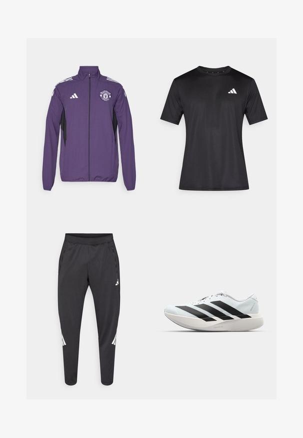 Jachetă violet cu fermoar, confecționată dintr-un material ușor, având panouri laterale negre, dungi albe adidas și un logo Manchester United pe piept.; Tricou sport negru din material mesh ușor, cu mâneci scurte și un logo alb în partea stângă a pieptului.; Pantaloni atletici negri cu picioare conice, talie elastică, buzunare laterale și detalii albe cu logo și dungi. Confecționați dintr-un material neted și ușor.; Pantofi de alergare ușori în albastru deschis cu dungi negre. Au un superior neted, vârf rotund și o intermediară groasă albă etichetată "LIGHTSTRIKE PRO."