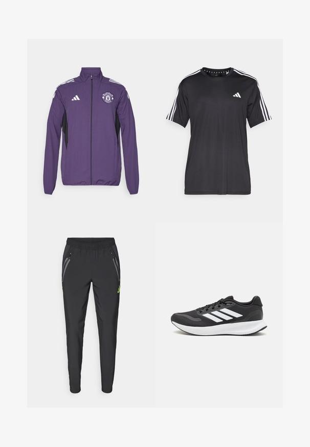 Fialová bunda na zips vyrobená z ľahkého materiálu, s čiernymi bočnými panelmi, bielymi prúžkami adidas a logom Manchester United na hrudi.; Čierne tričko s krátkym rukávom s bielym trojprúžkom na pleciach a logom na hrudi. Vyrobené z priedušného materiálu, hladká textura.; adidas Performance REAL MADRID TIRO25 PRO VIS TECH TRAVEL PANT - Klubové oblečenie - black/lucid lemon; Čierna športová obuv s priedušným sieťovaným zvrškom, bielymi akcentmi a polstrovanou podrážkou. Na bočnej strane sa nachádza logo so tromi pruhmi.