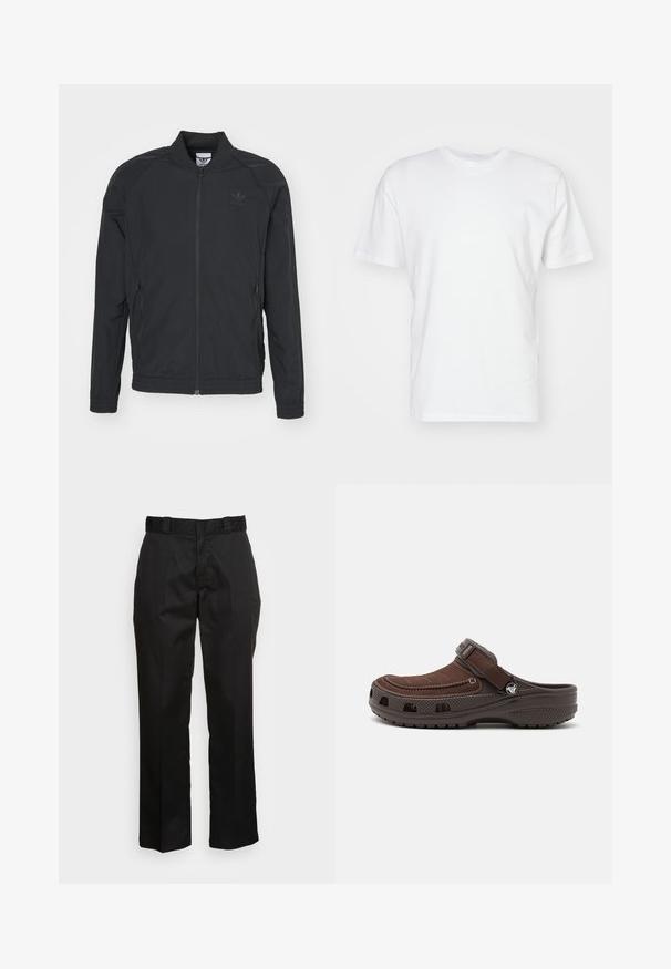 Casaco Adidas preto com fecho na frente, gola e punhos canelados, bolsos laterais com fecho e detalhe do logo discreto no peito. Tecido leve.; T-shirt de algodão branca com mangas curtas, decote redondo e uma textura suave. Design simples sem padrões ou gráficos.; Calças pretas feitas de um tecido suave, com um design de perna reta, passadores de cinto e dois bolsos laterais. Aspeto clássico sem adornos.; Tamanco castanho de slip-on com parte superior de textura suave, alça ajustável e design perfurado para ventilação. Sola de borracha espessa para tração.