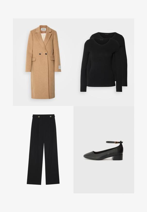 Scotch & Soda SINGLE BREASTED HERRINGBONE COAT - Klassisk kåpe / frakk - tabacco melange; To svarte langermede skjorter med V-halsdesign, laget av mykt, elastisk stoff, viser jevn tekstur og en tettsittende fasong.; Svart vide bukser med høy midje, knappdetaljer på midjebåndet og frontplisser.; Sorte skinnpumper med spiss tå og lav blokkhelt. Har ankelrem med gullfarget spenne. Glatt tekstur.