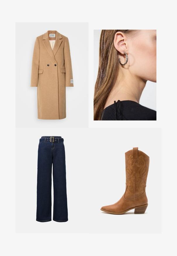 Scotch & Soda SINGLE BREASTED HERRINGBONE COAT - Cappotto classico - tabacco melange; Even&Odd Petite 2 PACK - Top - light grey/black; Pantaloni in denim blu scuro a gamba larga con tasche cucite e una cintura abbinata con una grande fibbia rettangolare dorata.; Stivale cowboy in pelle marrone chiaro con punta affusolata, modelli ricamati a spirale sull'asta e tacco a blocco impilato. Presenta una linguetta per una facile calzata.; Orecchino a cerchio in argento con finitura lucida, caratterizzato da piccoli dettagli in oro e una forma tondeggiante, indossato sul lobo.