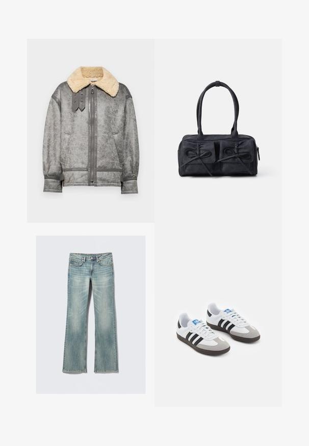 BDG Urban Outfitters STEVIE AVIATOR - Jakna od umjetne kože - grey; Smokan bluzon s kariranim uzorkom u crnoj, bijeloj i bež boji. Nabran ovratnik i manžeti, dugi rukavi, skraćeni kroj.; Svijetloplave traperice s blagim izblijedjeljem, pet džepova, kopčanje na gumb i ravne nogavice na bijeloj pozadini.; Sportske cipele s gornjištem od bijele kože, sivi suedinasti nos i tri crne pruge. Imaju plavi logo na jeziku i teksturiranu gumenu podlogu.; Crna platnena torba sa dva prednja džepa s detaljima mašne, dvostrukim drškama i zatvaranjem na munju. Mekana tekstura i pravokutni oblik.; Srebrne metalne naušnice s valovitim, skulpturalnim dizajnom, naglašenim sjajnom završnom obradom i nepravilnim oblicima, što ističe suvremeni estetski izraz.