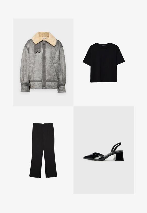 BDG Urban Outfitters STEVIE szary; Czarna koszulka z krótkim rękawem wykonana z bawełny. Posiada okrągły dekolt i luźny krój z gładką, jednolitą teksturą. Brak widocznych wzorów lub akcentów.; Czarne spodnie o prostym kroju, z przednimi kieszeniami i bocznymi rozcięciami na dole. Wykonane z miękkiego, gładkiego materiału. Odpowiednie na różne okazje.; Czarne lakierowane półbuty na obcasie z wydłużonym noskiem i geometrycznym słupkiem. Charakteryzują się eleganckim, minimalistycznym designem oraz gładką fakturą.